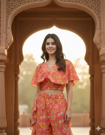 New Delhi, Clothing & Accessories, INR 1299,  Shop Trendy Women&rsquo;s Floral Printed Ruffle Co-Ord Set