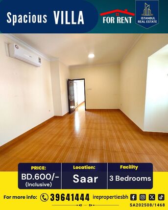 Saar, Villas, BHD 600,  250 Sq. Meter,  3 BHK Garden Villa For Rent In Saar-Markh Area BD 600/- Inclusive