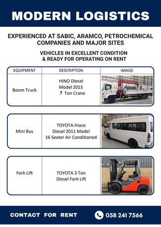 Jubail Industrial City, Vehicles, Cars & Trucks , SAR 100,  2015,  2015,  Manual,  100 KM,  Vehicles For Rent Without Operator, Boom Truck 7 Ton, Hiace Bus, Forklift 3 Ton