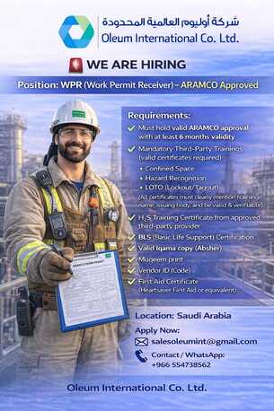 Riyadh, Jobs, WPR (Work Permit Receiver) &ndash; ARAMCO Approved