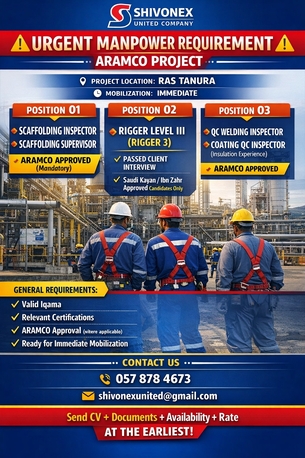 Jubail, Jobs, 🚨 URGENT MANPOWER REQUIREMENT &ndash; ARAMCO PROJECT 🚨