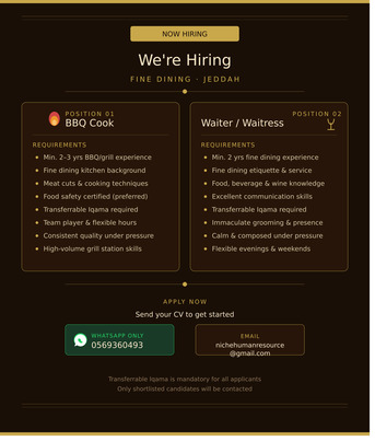 Jeddah, Jobs, BBQ Cook/Waiter/Waitress