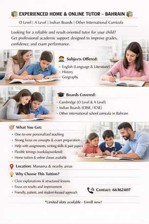 Isa Town, Education, Experienced Home & Online Tutor Bahrain