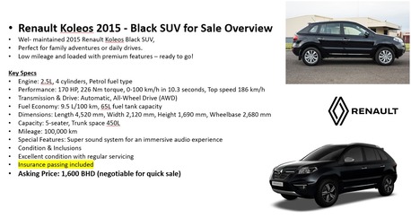 Manama, Vehicles, Cars & Trucks , BHD 1600,  Renault Koleos,  2015,  Automatic,  100000 KM,   Black SUV For Sale