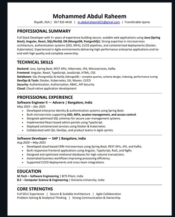 Riyadh, Job Seekers, Full Stack Developer (Node.js / Java, Angular/React)