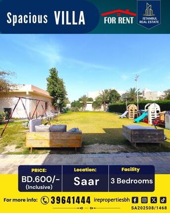 Saar, Villas, BHD 600,  250 Sq. Meter,  3 BHK Garden Villa For Rent In Saar-Markh Area BD 600/- Inclusive