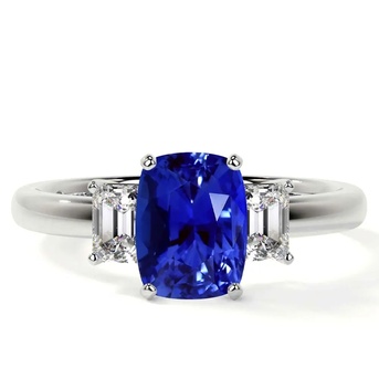 New York, Jewelry, USD 4938,  Shop Blue Sapphire Ring Elongated Cushion Three Stone Ring