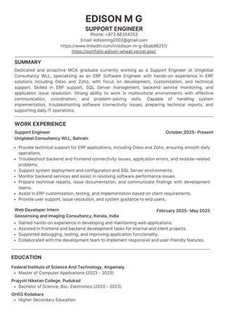 Manama, Job Seekers, ERP Support Engineer | Odoo & Zoho Specialist | MCA Graduate