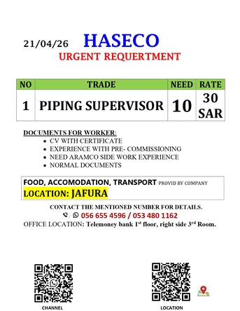 Jubail, Jobs, Urgent Requertment PIPING SUPERVISOR