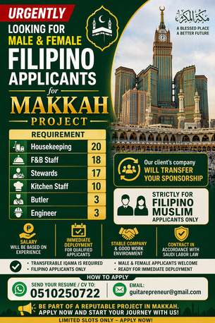 Makkah, Jobs, URGENT SOURCING &ndash; MAKKAH PROJECT - Looking For Male & Female Filipino Muslim Applicants