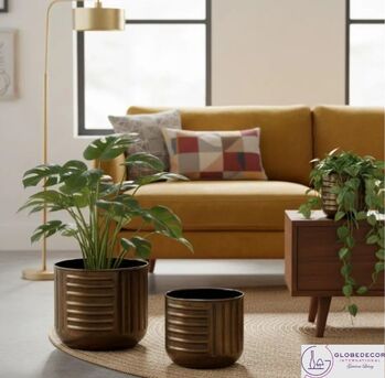 New York, Farm & Garden, USD 76,  Antique Brown Metal Planter Set Of 2 &ndash; Ribbed Texture Design | GLOBEDECOR