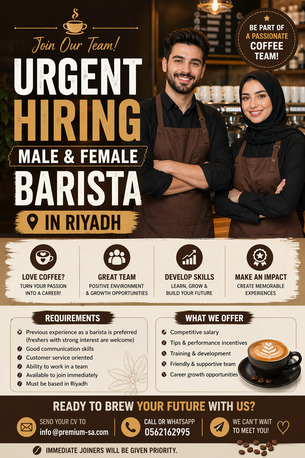 Riyadh, Jobs, URGENT HIRING MALE & FEMALE BARISTA IN RIYADH