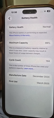 Al Marwah, Electronics, SAR 4000,  IPhone 16pro Max Battery Health 99% Cycle Count 194