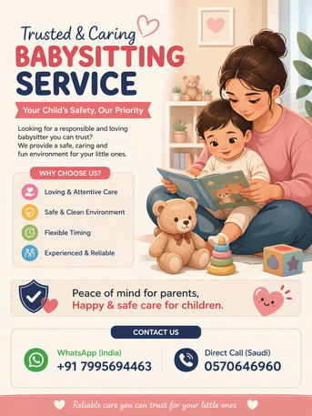 Riyadh, Daycare, [TRUSTED & RELIABLE] BABYSITTING SERVICE (SAFE &bull; CLEAN &bull; LOVING CARE) | FLEXIBLE HOURS