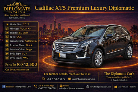 Amman, Vehicles, Cars & Trucks , JOD 12500,  Cadillac XT5 Premium,  2017,  Automatic,  74424 KM,   Luxury?Diplomatic