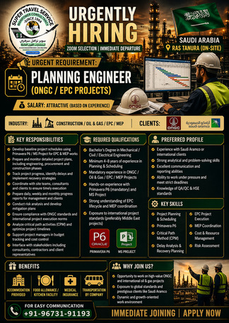 Ras Tanura, Jobs, Job Title: Planning Engineer (MEP / ONGC / EPC Projects)
