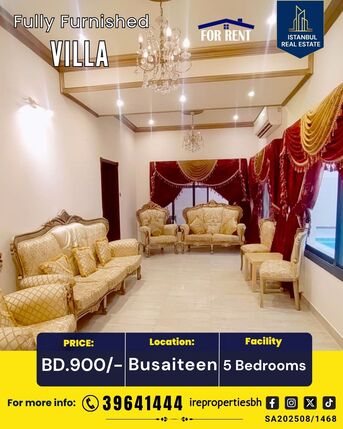 Busaiteen, Villas, BHD 900,  300 Sq. Meter,  Fully Furnished 5 BHK Luxury Villa For Rent In Busaiteen BD.900/-