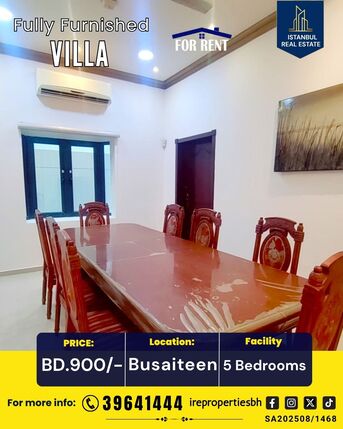 Busaiteen, Villas, BHD 900,  300 Sq. Meter,  Fully Furnished 5 BHK Luxury Villa For Rent In Busaiteen BD.900/-