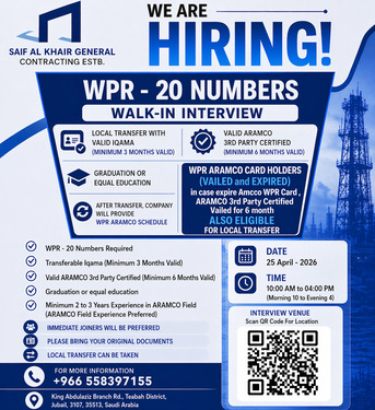 Jubail, Jobs, WPR - Valid ARAMCO 3rd Party Certified