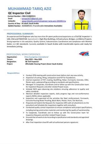 Jubail, Job Seekers, Available For QC Inspector Civil / Civil Site Engineer / Civil Supervisor Job.