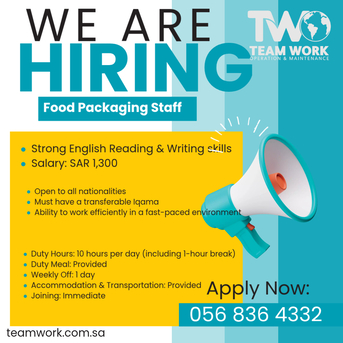 Riyadh, Jobs, FOOD PACKAGING STAFF