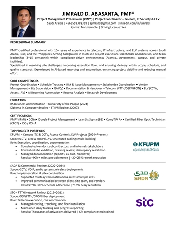 Khobar, Job Seekers, PMP Certified Project Coordinator | Telecom, IT & CCTV Access Control  Seeking Opportunity
