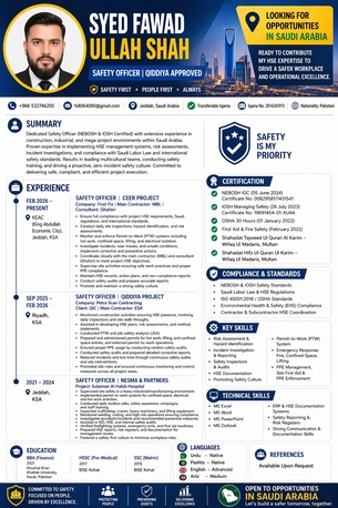 Jeddah, Job Seekers, Qiddiya Approved HSE Officer Available