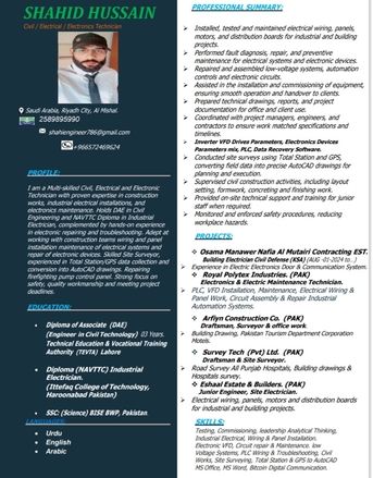 Riyadh, Job Seekers, Assistant Engineer/Supervisor/Senior Electrician
