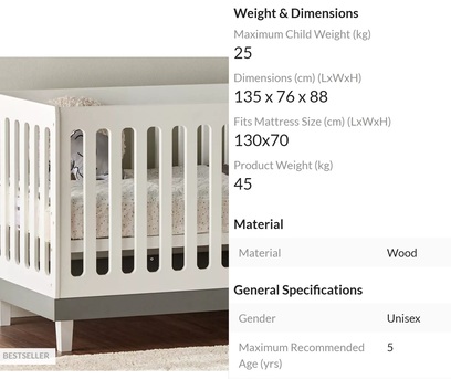 Al Safa, Furniture, BABY COT FOR SALE Juniors Madison 3-in-1 White Wooden Convertible Crib (Up To 5 Years)