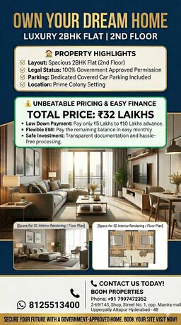 Hyderabad, Real Estate For Sale, INR 3100000,  2 BR,  900 Sq. Meter,  Ready To Move 2bhk  Flat Pay 10 Lakhs Remaining Emi