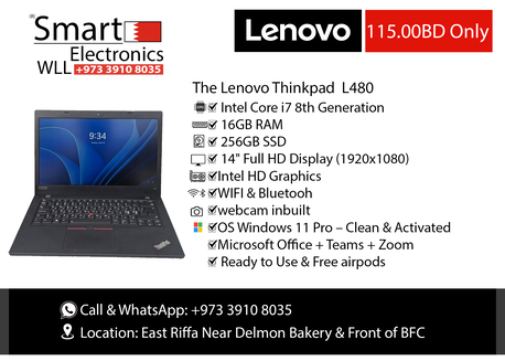 Riffa, Computers, BHD 115,  Lenovo ThinkPad L480 I7 8th Gen | 16GB RAM | 256GB SSD | FHD | Free AirPods | 115 BD