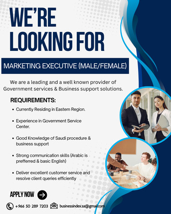 Dammam, Jobs, MARKETING EXECUTIVE (MALE/FEMALE)