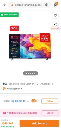 Jubail, Household Items, SAR 1300,  TCL LCD 58 Inch 4K HDR For Sale. Slightly Used With New Packed Bracket.