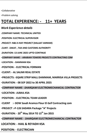 Dammam, Job Seekers, Sr. Electrician/Electrical Foreman