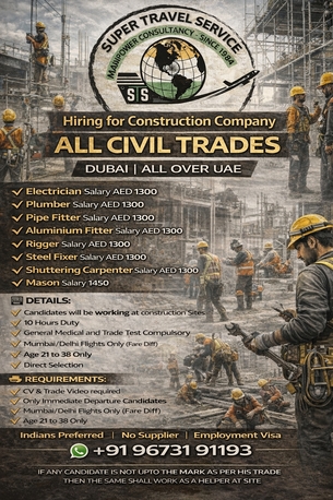 Dubai, Jobs, Hiring Construction Skilled Manpower From India On Employment Visa Dubai