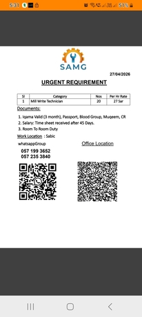 Jubail, Jobs, RGENT REQUIREMENT  MILL WRIGHT TECHNICIAN - 16 Nos  Rate: 26 SAR  Work Location: SABIC Jub