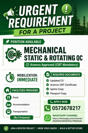 Jubail, Jobs, 🔧 Mechanical &ndash; Static & Rotating QC ✅ Aramco Approved (CBT Mandatory)