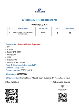 Jubail, Jobs, PQCS ( PROCUREMENT Q/C SUPERVISOR )