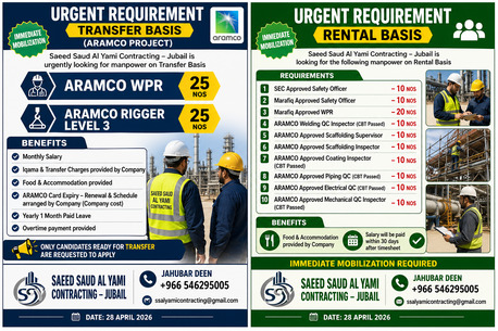 Jubail, Jobs, URGENT REQUIREMENT &ndash; ARAMCO PROJECT