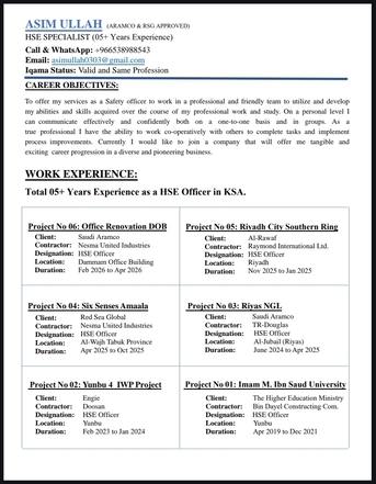 Riyadh, Job Seekers, Aramco And Red Sea Global Approved HSE OFFICER