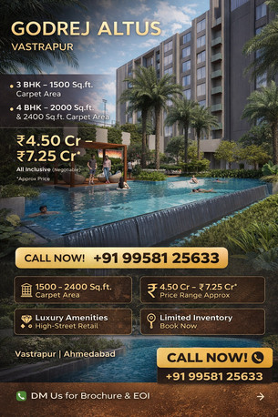 Ahmedabad, Real Estate For Sale, INR 4500000,  3 BR,  2000 Sq. Feet,  Godrej Altus Vastrapur: Features & Specifications