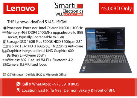 Riffa, Computers, BHD 45,  Lenovo IdeaPad S145 &ndash; Budget Laptop | SSD + HDD | Perfect For Office & Study