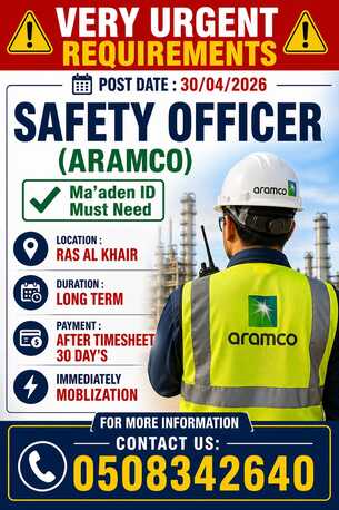 Jubail, Jobs, SAFETY OFFICER ARAMCO (MAADEN VALID ID MUST NEED)