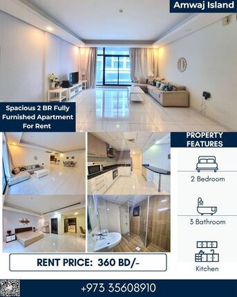 Amwaj Islands, Apartments, Flats, Houses & Villas, BHD 360/month,  Furnished,  2 BR,  140 Sq. Meter,  Delightful 2 BR FF Apartment With Balcony & WIFI