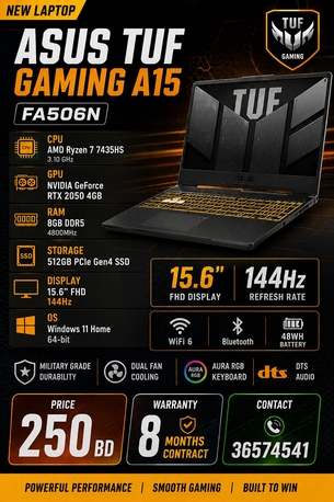 Manama, Computers, BHD 250,  Laptop: ASUS TUF Gaming A15 FA506N