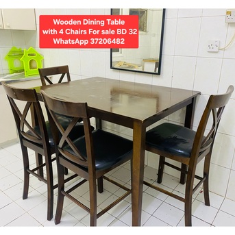 Manama, Furniture, BHD 32,  ✅️ Wooden Dining Table With 4 Chairs For Sale In Good Condition With Delivery