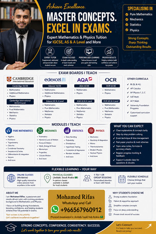 Al Aziziyah, Lessons Offered, Expert Mathematics & Physics Tutor | IGCSE, AS & A Level | Proven Results(Jeddah)