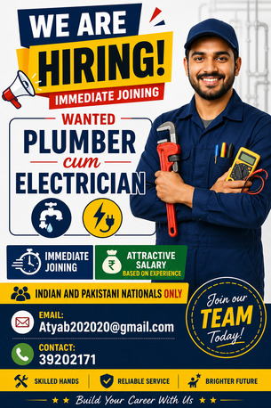 Manama, Jobs, Wanted Plumber Cum Electrician