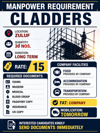 Jubail, Jobs, REQUIREMENT &ndash; CLADDERS