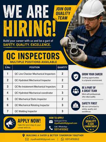 Jubail, Jobs, URGENT REQUERDMENT ARAMCO QC INSPECTORS MULTIPLE POSITIONS
